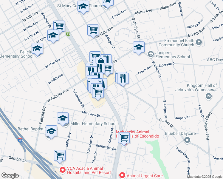 map of restaurants, bars, coffee shops, grocery stores, and more near 450 West Vermont Avenue in Escondido
