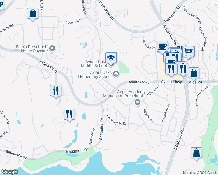 map of restaurants, bars, coffee shops, grocery stores, and more near 1668 Plover Court in Carlsbad