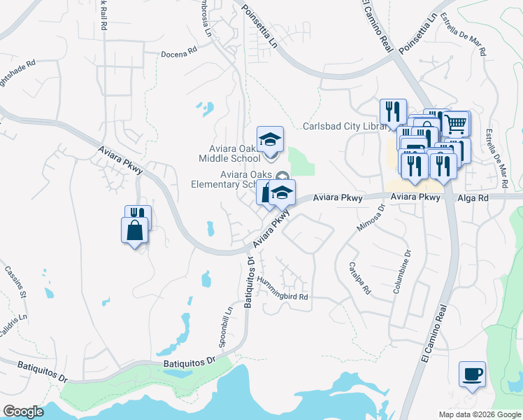 map of restaurants, bars, coffee shops, grocery stores, and more near 1664 Chamisal Court in Carlsbad