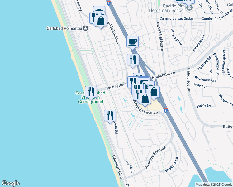 map of restaurants, bars, coffee shops, grocery stores, and more near 7018 San Carlos Street in Carlsbad