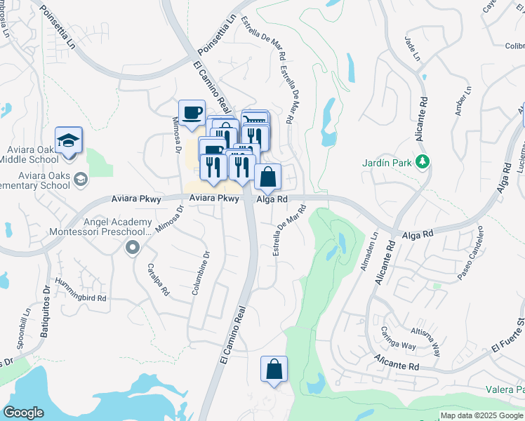 map of restaurants, bars, coffee shops, grocery stores, and more near 1905 Alga Road in Carlsbad