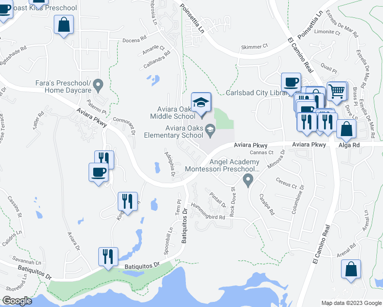 map of restaurants, bars, coffee shops, grocery stores, and more near 1668 Chamisal Court in Carlsbad