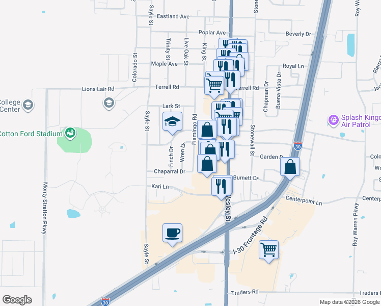 map of restaurants, bars, coffee shops, grocery stores, and more near 6703 Flamingo Road in Greenville
