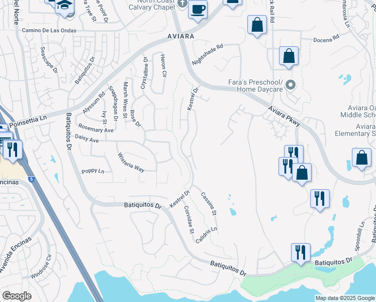 map of restaurants, bars, coffee shops, grocery stores, and more near 7086 Rockrose Terrace in Carlsbad
