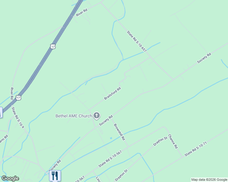 map of restaurants, bars, coffee shops, grocery stores, and more near 556 Brailsford Road in McClellanville