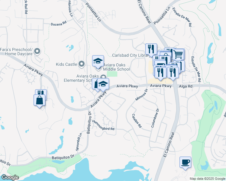 map of restaurants, bars, coffee shops, grocery stores, and more near 1780 Blackbird Circle in Carlsbad