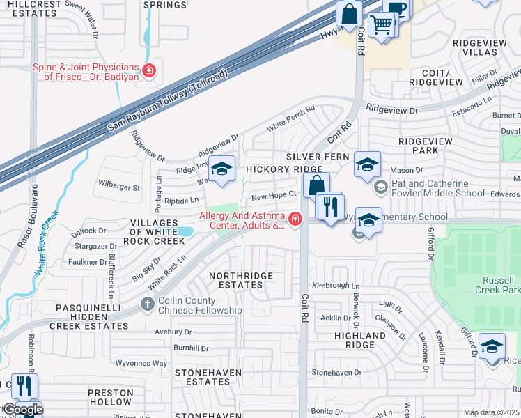 map of restaurants, bars, coffee shops, grocery stores, and more near 4117 Wind Dance Circle in Plano