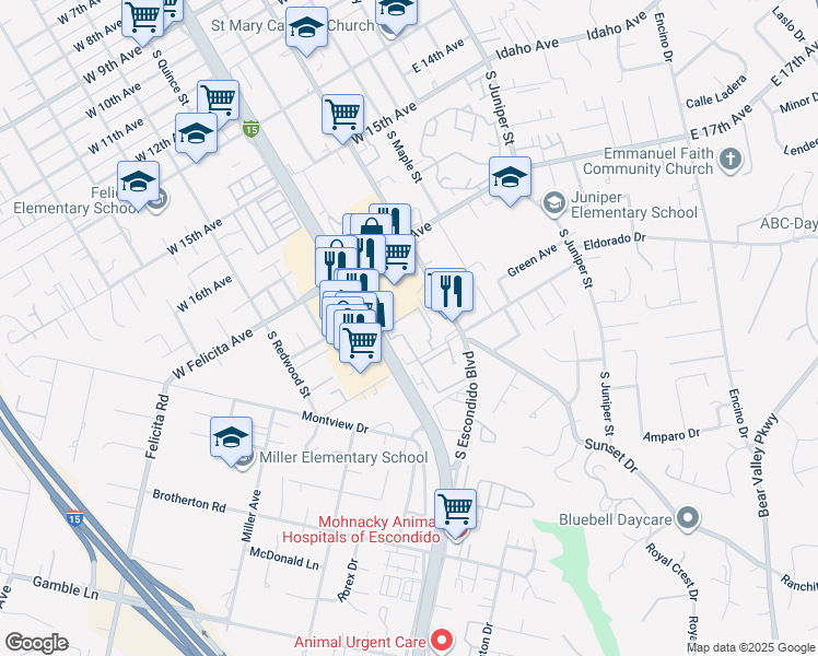 map of restaurants, bars, coffee shops, grocery stores, and more near 450 West Vermont Avenue in Escondido