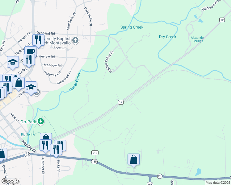 map of restaurants, bars, coffee shops, grocery stores, and more near 1049 Spring Creek Road in Montevallo