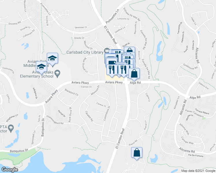 map of restaurants, bars, coffee shops, grocery stores, and more near 7019 Goldenrod Way in Carlsbad