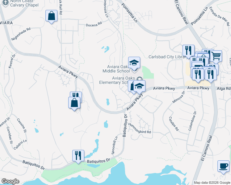 map of restaurants, bars, coffee shops, grocery stores, and more near 6815 Aldophia Drive in Carlsbad