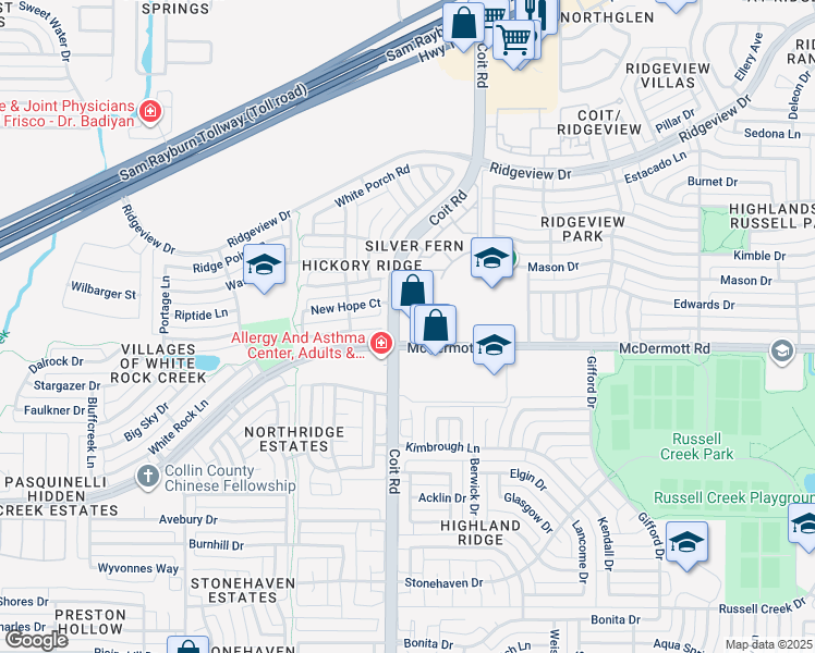 map of restaurants, bars, coffee shops, grocery stores, and more near 9000-9062 Coit Rd in Plano
