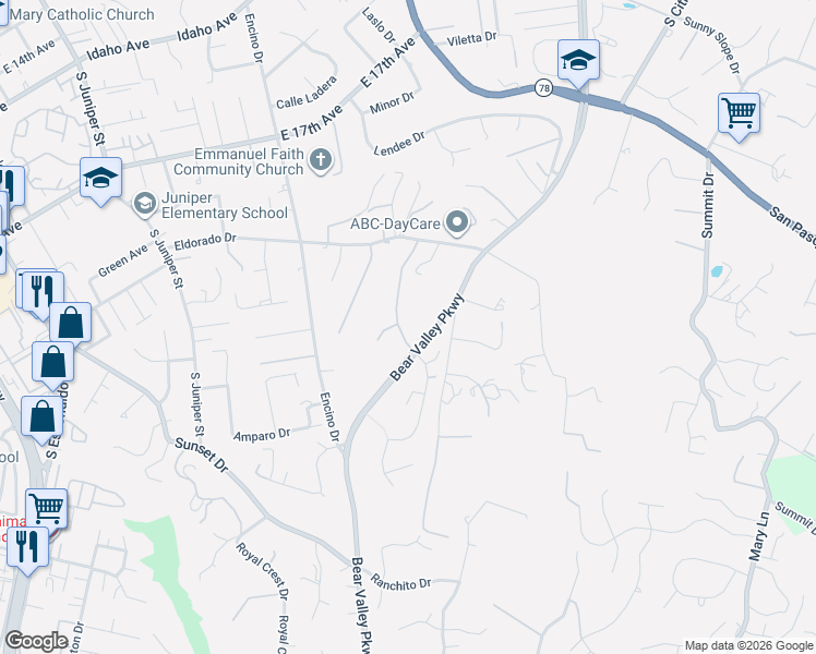 map of restaurants, bars, coffee shops, grocery stores, and more near 2070 Zlatibor Ranch Road in Escondido