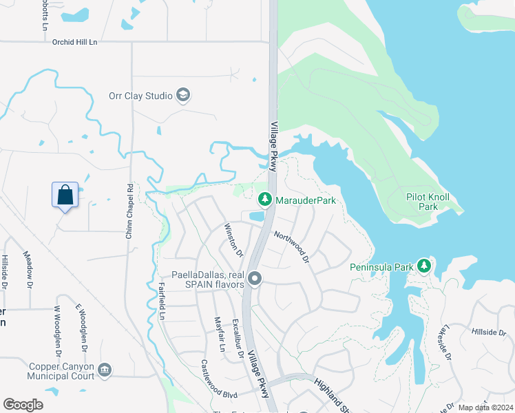 map of restaurants, bars, coffee shops, grocery stores, and more near 3413 Saint James Court in Lewisville