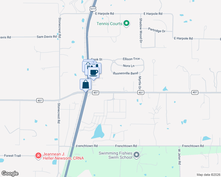 map of restaurants, bars, coffee shops, grocery stores, and more near 203 Farm to Market Road 407 in Argyle