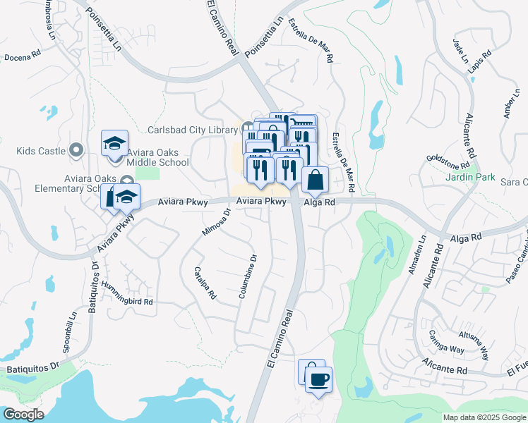 map of restaurants, bars, coffee shops, grocery stores, and more near 7008 Goldenrod Way in Carlsbad