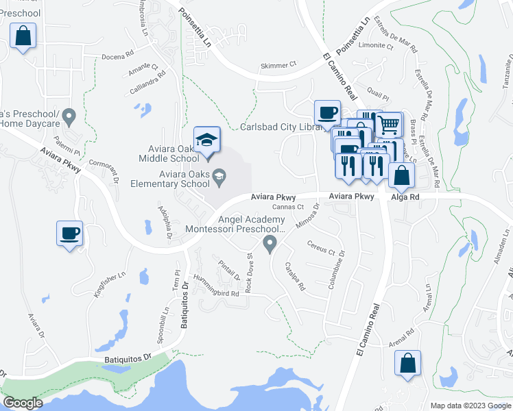 map of restaurants, bars, coffee shops, grocery stores, and more near 7011 Ibis Place in Carlsbad