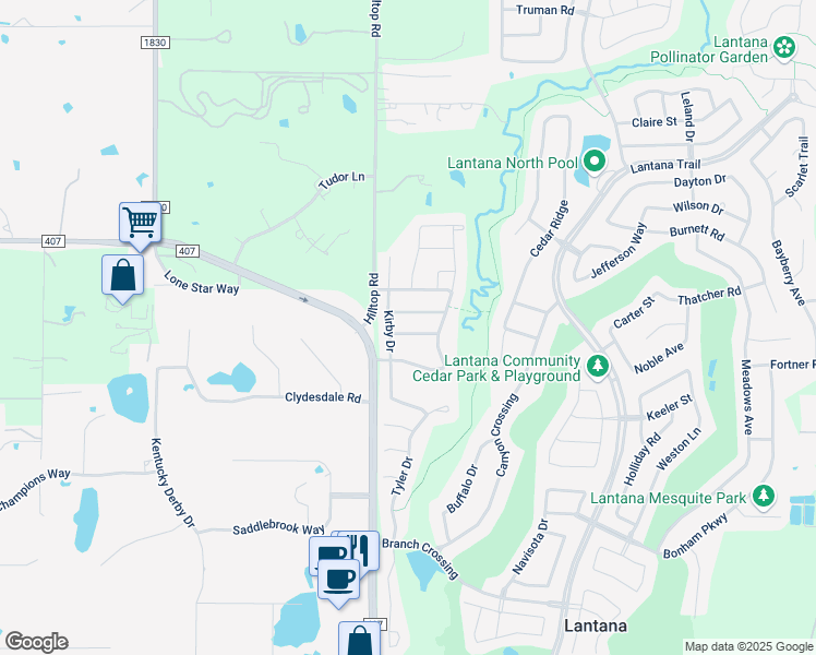 map of restaurants, bars, coffee shops, grocery stores, and more near 400 Perkins Drive in Argyle
