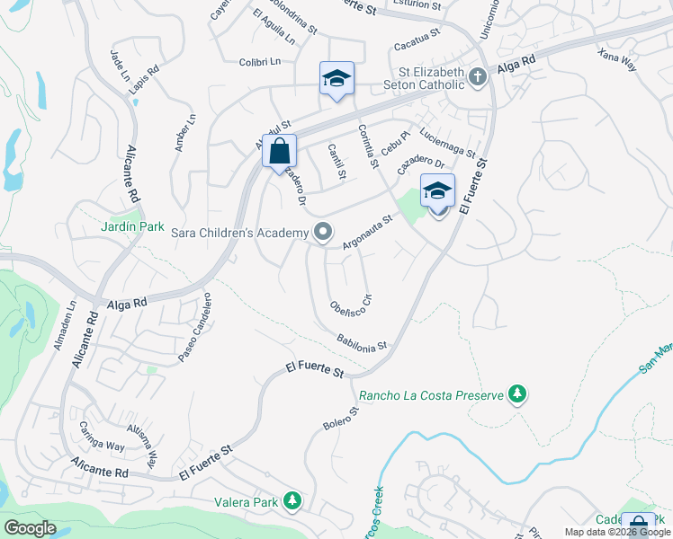 map of restaurants, bars, coffee shops, grocery stores, and more near 2629 Obelisco Place in Carlsbad