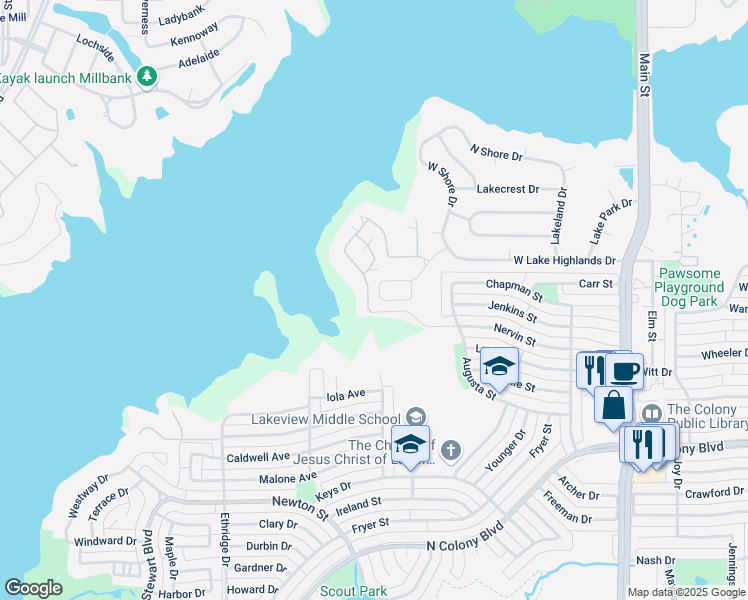 map of restaurants, bars, coffee shops, grocery stores, and more near 4354 Sunset Circle in The Colony