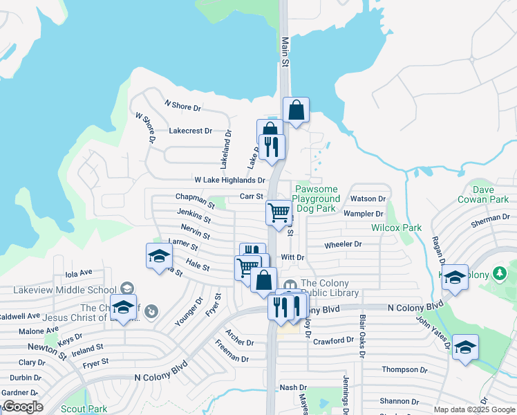 map of restaurants, bars, coffee shops, grocery stores, and more near 4627 Carr Street in The Colony