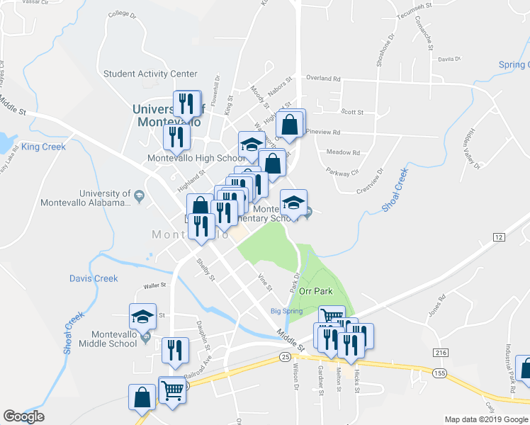 map of restaurants, bars, coffee shops, grocery stores, and more near 698 Bloch Street in Montevallo