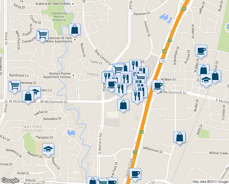 map of restaurants, bars, coffee shops, grocery stores, and more near 902 W McDermott Dr in Allen
