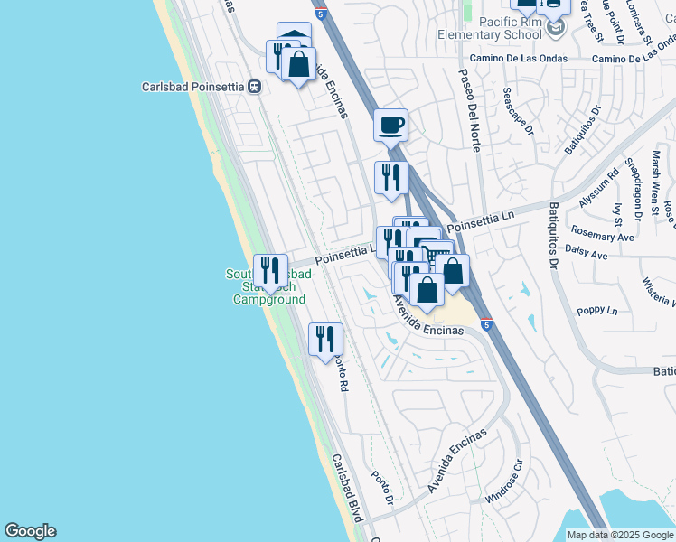 map of restaurants, bars, coffee shops, grocery stores, and more near 7004 San Bartolo Street in Carlsbad