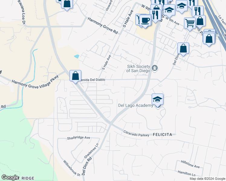 map of restaurants, bars, coffee shops, grocery stores, and more near 2203 Avenida Del Diablo in Escondido