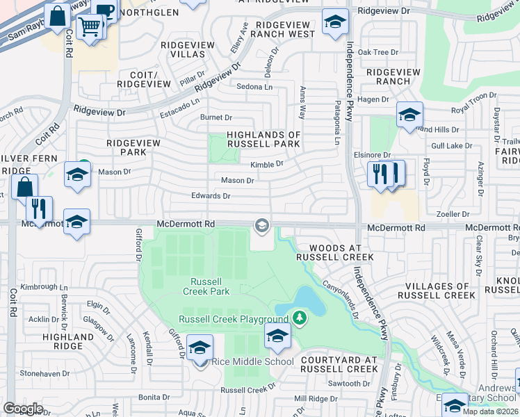 map of restaurants, bars, coffee shops, grocery stores, and more near 3300 Edwards Drive in Plano