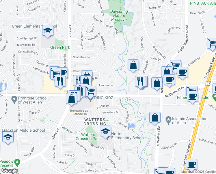 map of restaurants, bars, coffee shops, grocery stores, and more near 1145 Landon Lane in Allen