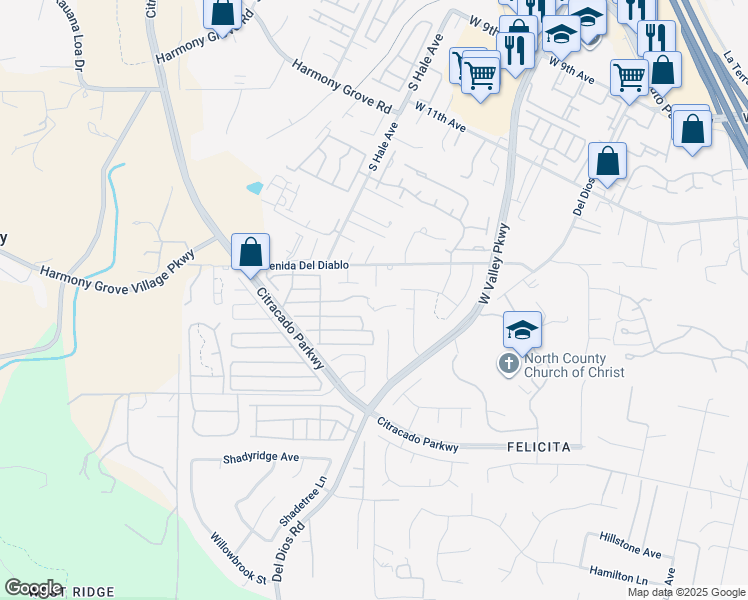 map of restaurants, bars, coffee shops, grocery stores, and more near 2203 Avenida Del Diablo in Escondido