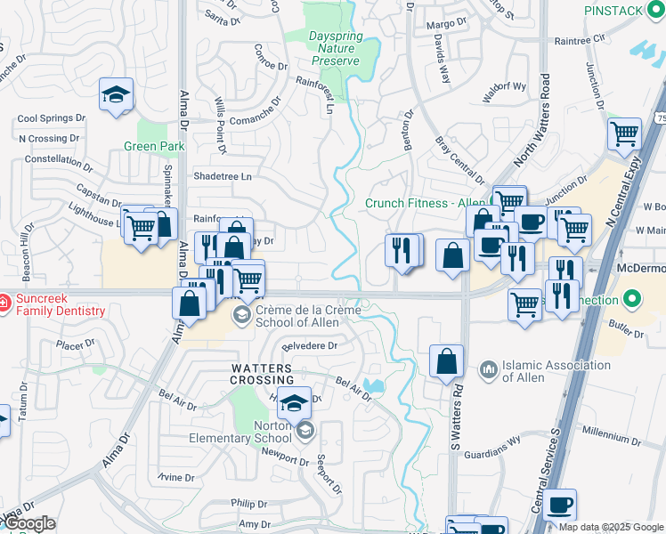 map of restaurants, bars, coffee shops, grocery stores, and more near 1115 Landon Lane in Allen