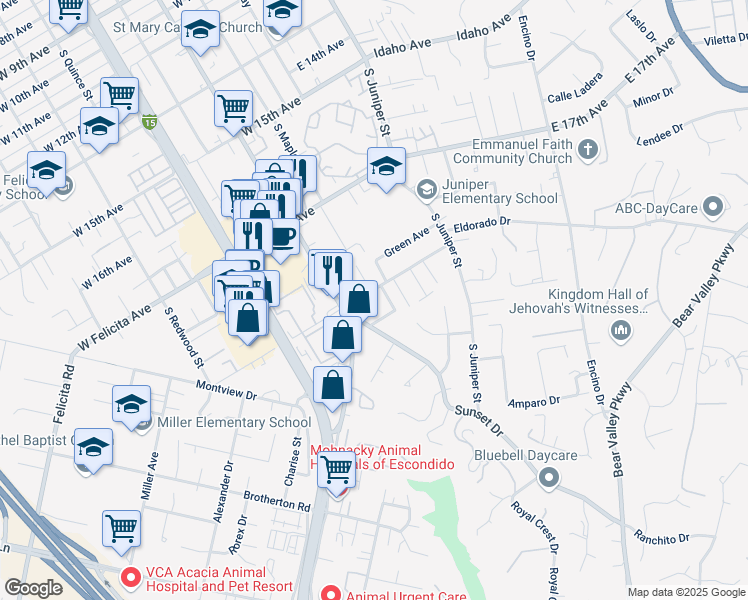 map of restaurants, bars, coffee shops, grocery stores, and more near 205 West Vermont Avenue in Escondido