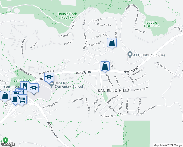 map of restaurants, bars, coffee shops, grocery stores, and more near 1523 Clifftop Avenue in San Marcos