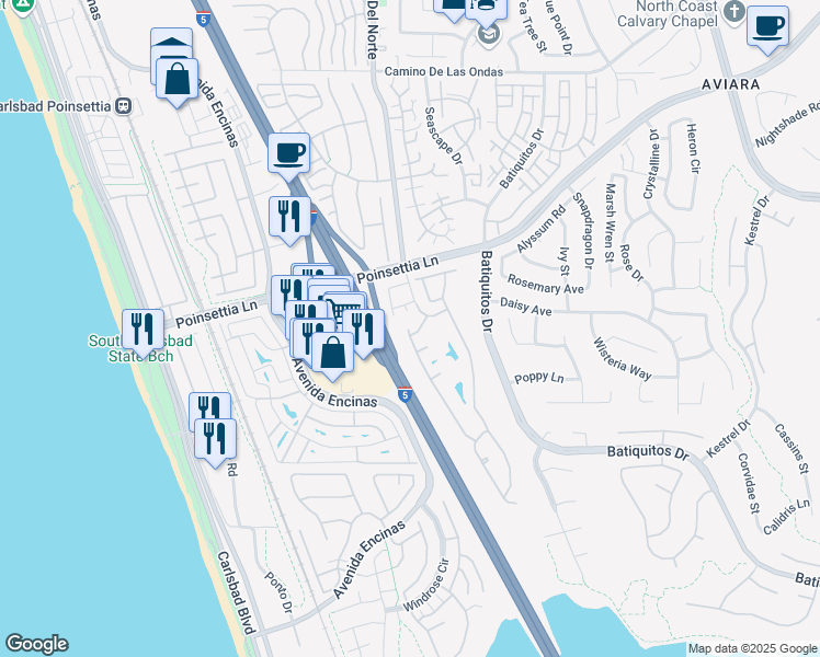 map of restaurants, bars, coffee shops, grocery stores, and more near 7102 Linden Terrace in Carlsbad