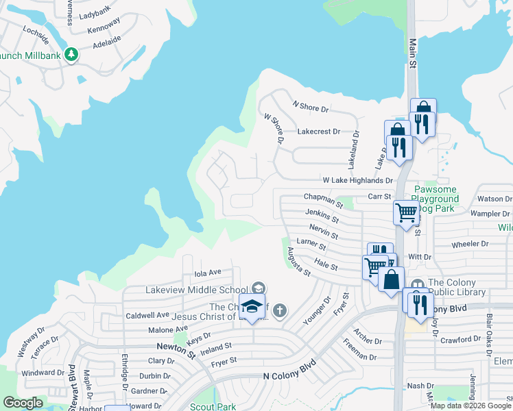 map of restaurants, bars, coffee shops, grocery stores, and more near 7443 Anderlan Road in The Colony