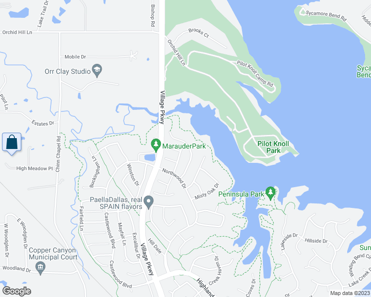 map of restaurants, bars, coffee shops, grocery stores, and more near 3115 Kimberlee Lane in Highland Village