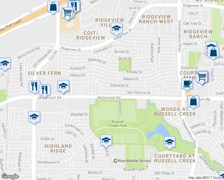 map of restaurants, bars, coffee shops, grocery stores, and more near 3513 San Patricio Drive in Plano