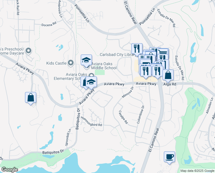 map of restaurants, bars, coffee shops, grocery stores, and more near 7011 Ibis Place in Carlsbad