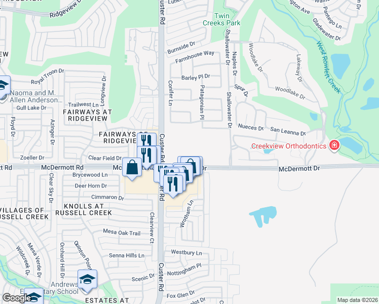 map of restaurants, bars, coffee shops, grocery stores, and more near 205 Hunters Glen Way in Allen