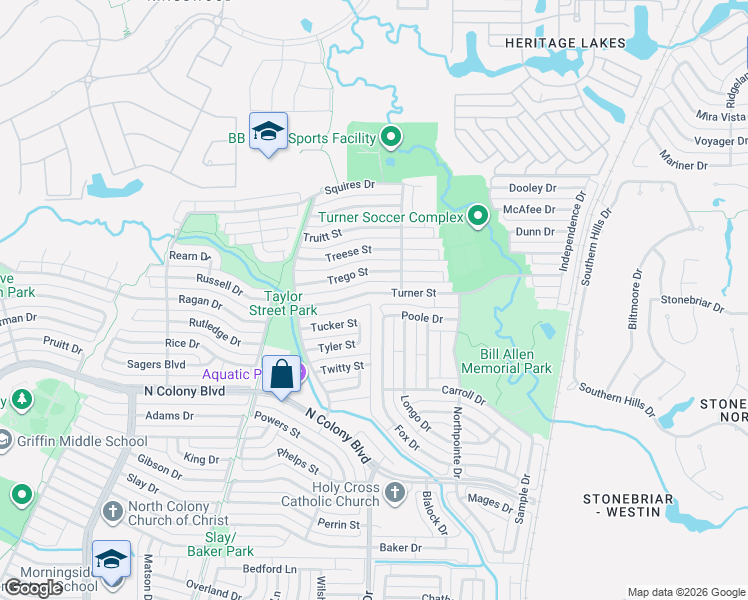 map of restaurants, bars, coffee shops, grocery stores, and more near 5653 Turner Street in The Colony