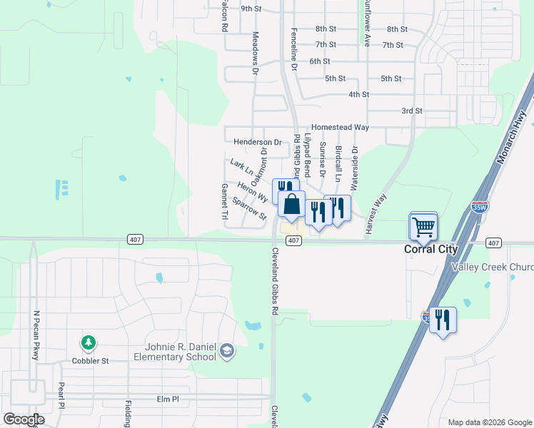 map of restaurants, bars, coffee shops, grocery stores, and more near 1712 Sparrow Street in Northlake
