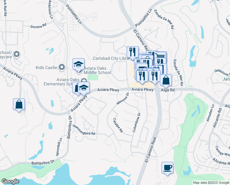 map of restaurants, bars, coffee shops, grocery stores, and more near 1706 Cannas Court in Carlsbad