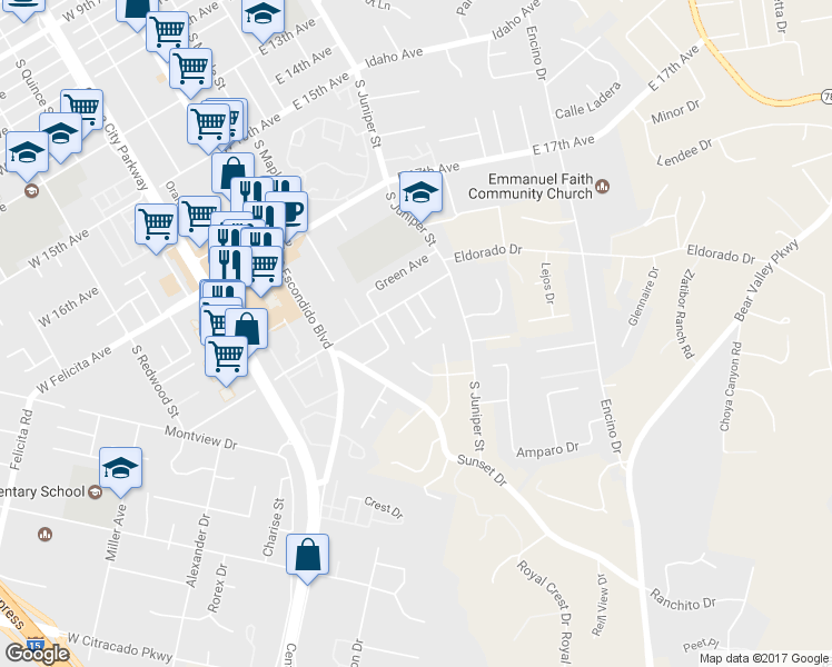 map of restaurants, bars, coffee shops, grocery stores, and more near 1939 South Broadway in Escondido