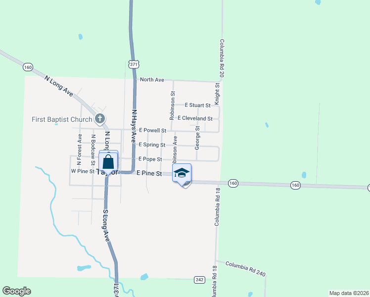 map of restaurants, bars, coffee shops, grocery stores, and more near 510 East Spring Street in Taylor