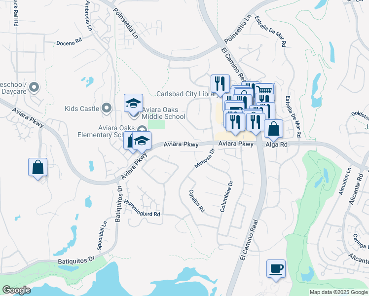 map of restaurants, bars, coffee shops, grocery stores, and more near 1706 Cannas Court in Carlsbad