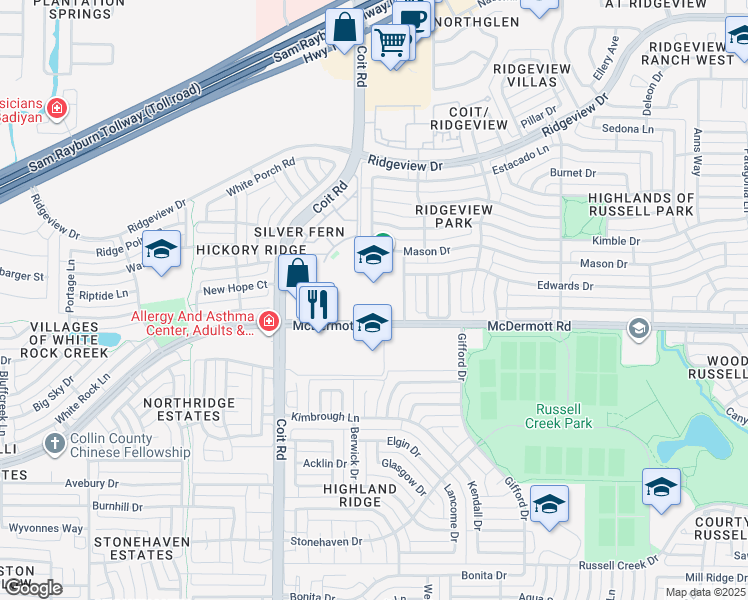 map of restaurants, bars, coffee shops, grocery stores, and more near 3801 McDermott Road in Plano