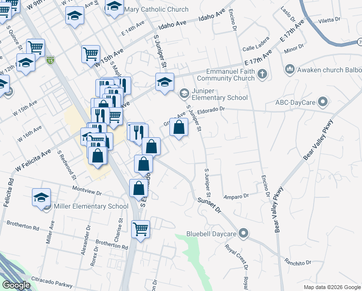 map of restaurants, bars, coffee shops, grocery stores, and more near 1939 South Broadway in Escondido