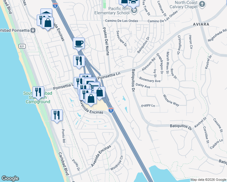 map of restaurants, bars, coffee shops, grocery stores, and more near 7102 Linden Terrace in Carlsbad